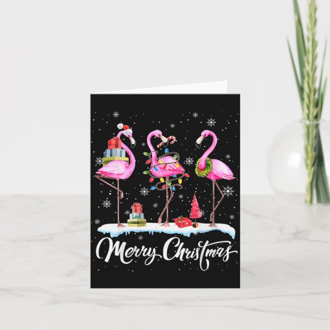 Merry Christmas Hat Santa Flamingo Light Christmas Card (Front)