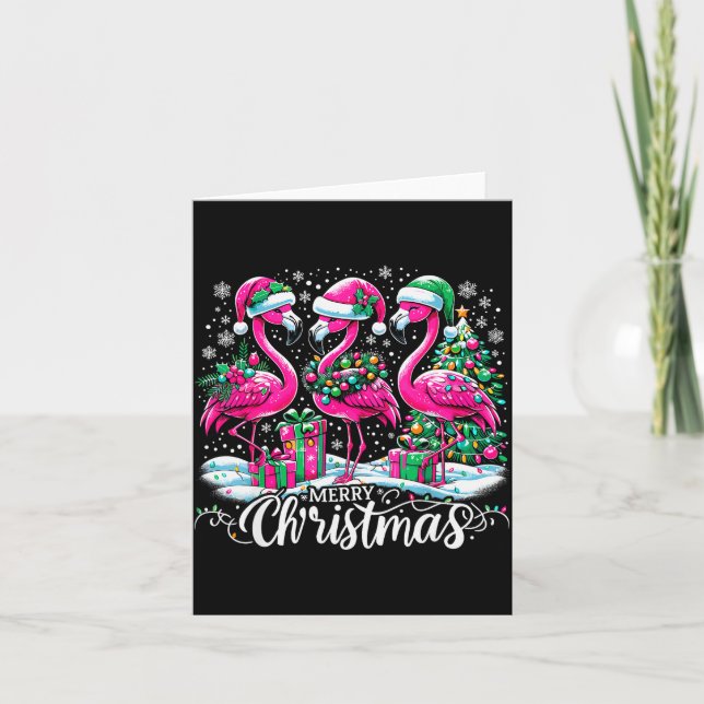 Merry Christmas Hat Santa Flamingo Light Christmas Card (Front)