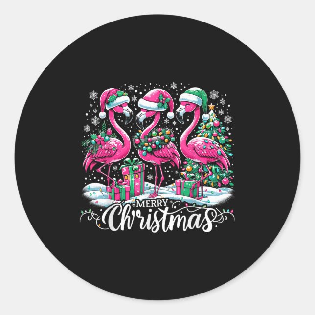 Merry Christmas Hat Santa Flamingo Light Christmas Classic Round Sticker (Front)