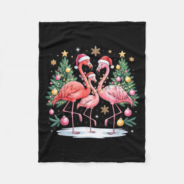 Merry Christmas Hat Santa Flamingo Light Christmas Fleece Blanket (Front)