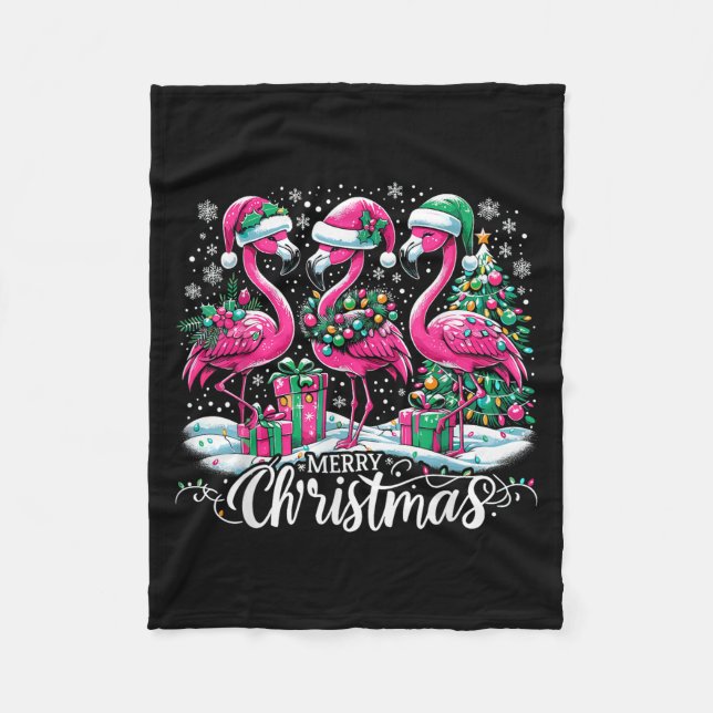Merry Christmas Hat Santa Flamingo Light Christmas Fleece Blanket (Front)