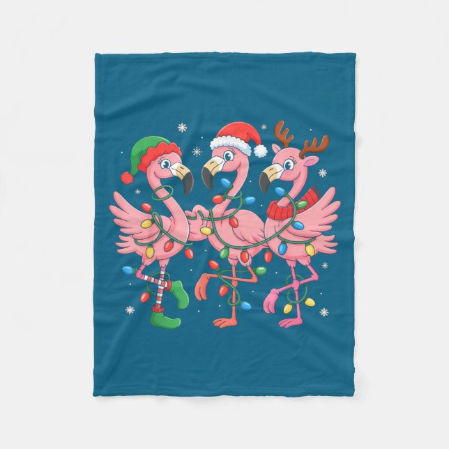 Merry Christmas Hat Santa Flamingo Light Christmas Fleece Blanket (Front)