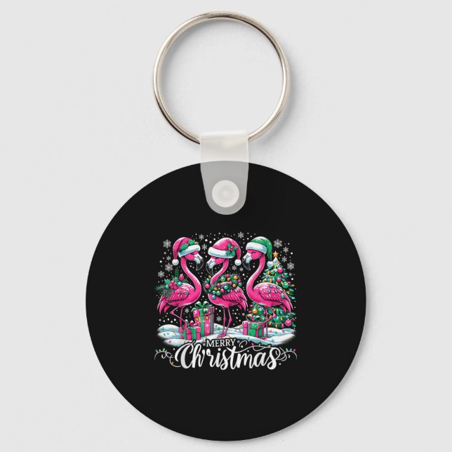 Merry Christmas Hat Santa Flamingo Light Christmas Key Ring (Front)