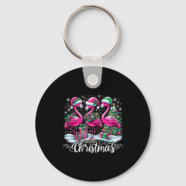 Merry Christmas Hat Santa Flamingo Light Christmas Key Ring (Front)
