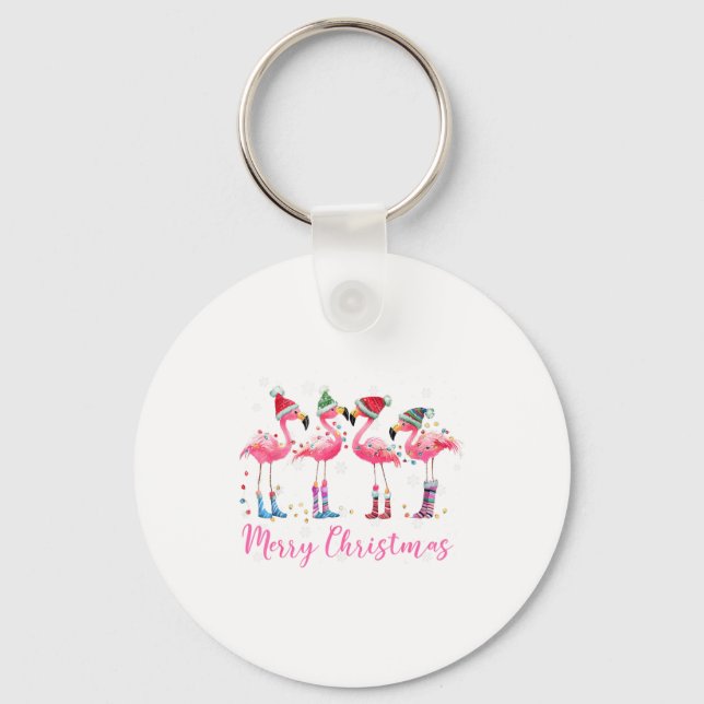 Merry Christmas Hat Santa Flamingo Light Christmas Key Ring (Front)