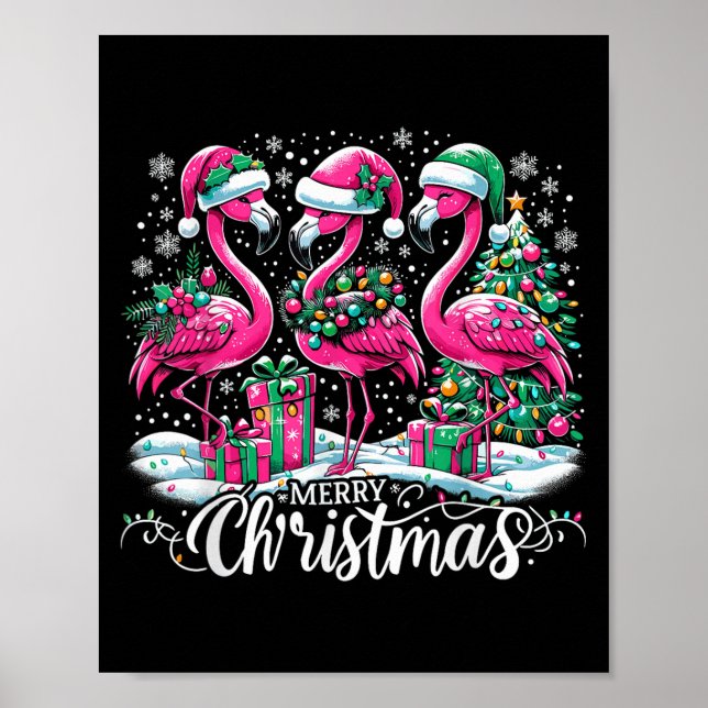Merry Christmas Hat Santa Flamingo Light Christmas Poster (Front)