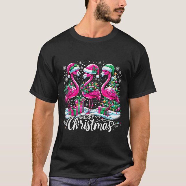 Merry Christmas Hat Santa Flamingo Light Christmas T-Shirt (Front)