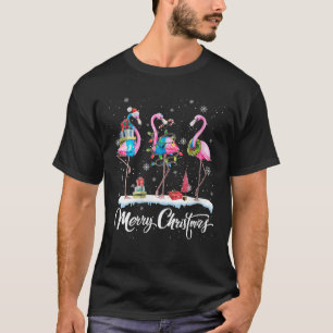 Merry Christmas Hat Santa Flamingo Light Snow Xmas T-Shirt