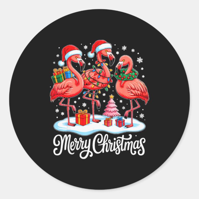 Merry Christmas Hat Santa Flamingo Light Xmas Wome Classic Round Sticker (Front)