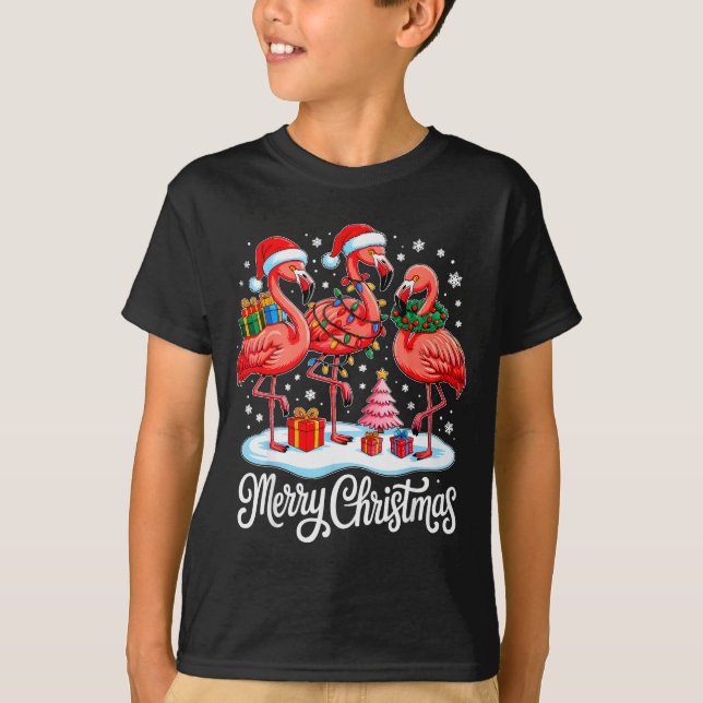 Merry Christmas Hat Santa Flamingo Light Xmas Wome T-Shirt (Front)