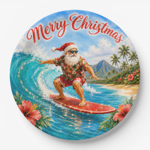 Merry Christmas Hawaiian Surfing Santa Paper Plate