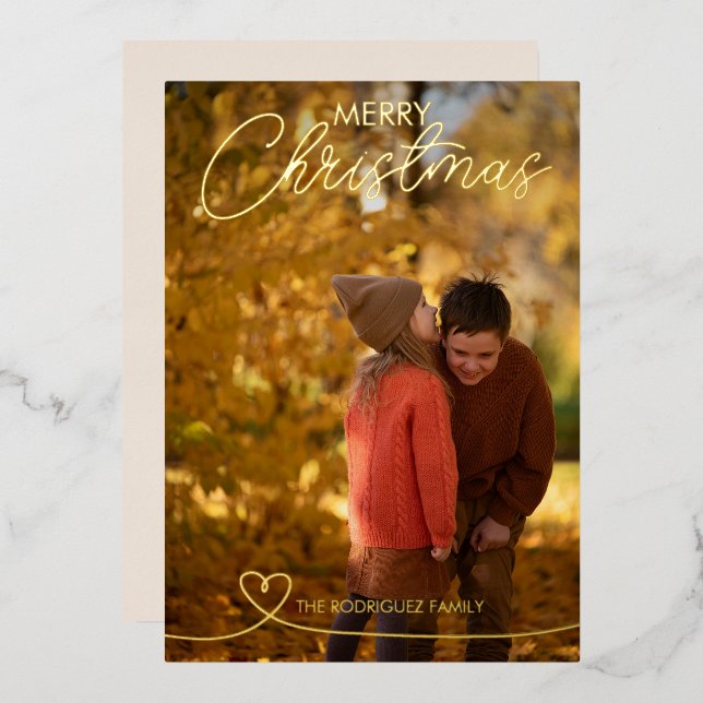 Merry Christmas Heart 1 Photo Foil Holiday Card (Front/Back)