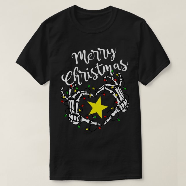 Merry Christmas Heart Love Skeleton Hands Lights W T-Shirt (Design Front)