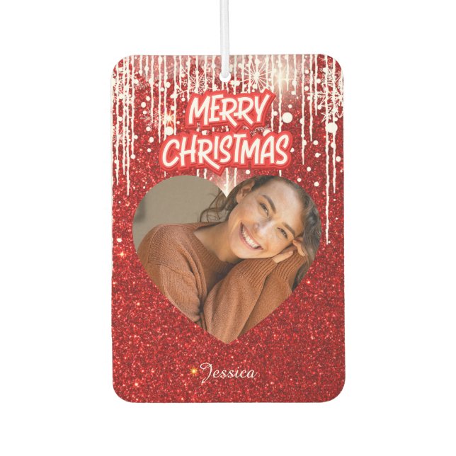 Merry Christmas Heart Personalised Photo Name  Car Air Freshener (Front)