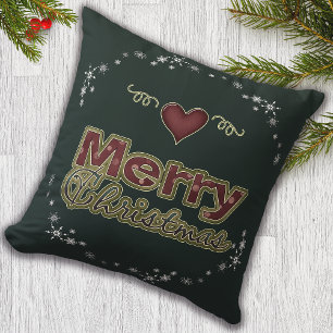 Merry Christmas Heart Snowflake Green Cushion
