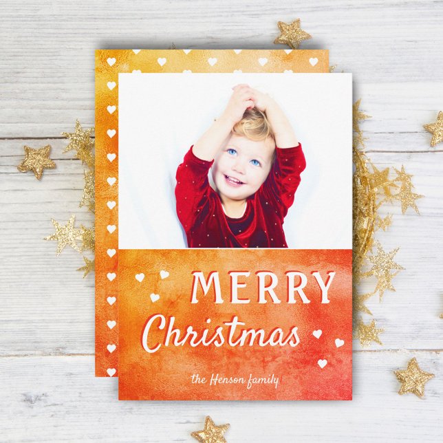 Merry Christmas Hearts Metallic Family Photo Holiday Card (Creator Uploaded)