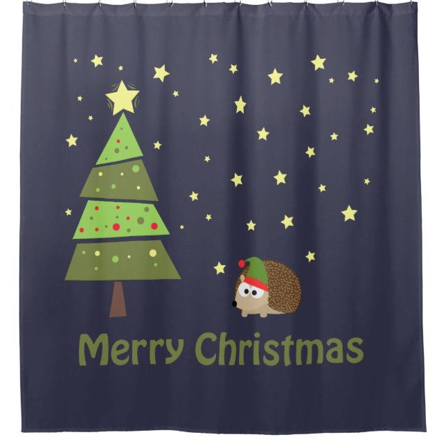 Merry Christmas! Hedgehog Elf Holiday Scene Shower Curtain (Front)