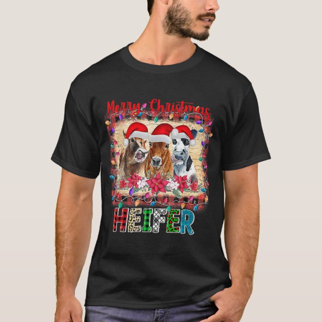Merry Christmas Heifers Buffalo Plaid Farm Animals T-Shirt (Front)