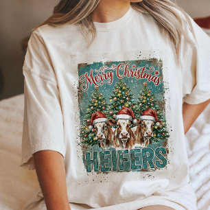 Merry Christmas Heifers Funny Farm Cows Santa Hats Tri-Blend Shirt