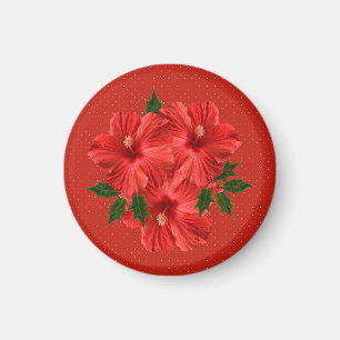 Merry Christmas Hibiscus Holly Holiday Red & Green Magnet