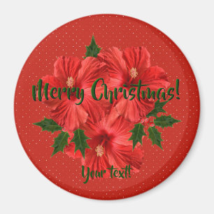 Merry Christmas Hibiscus Holly Holiday Red & Green Magnet