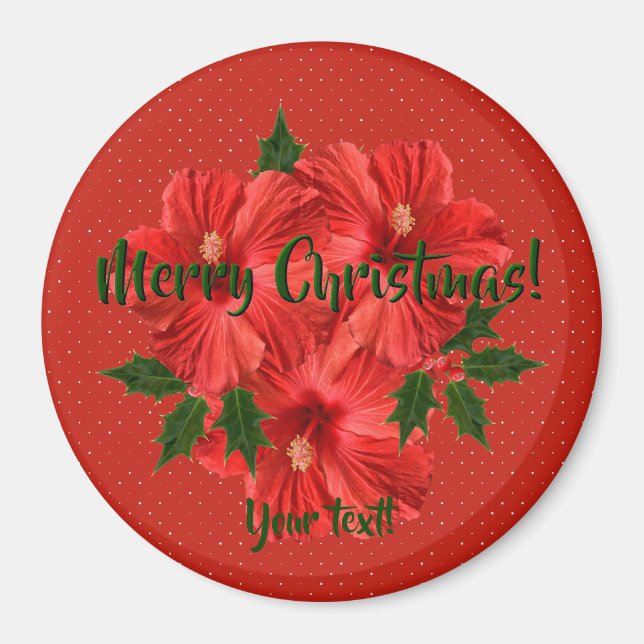 Merry Christmas Hibiscus Holly Holiday Red & Green Magnet (Front)