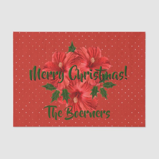 Merry Christmas Hibiscus Holly Holiday Red & Green Tissue Paper (Front)