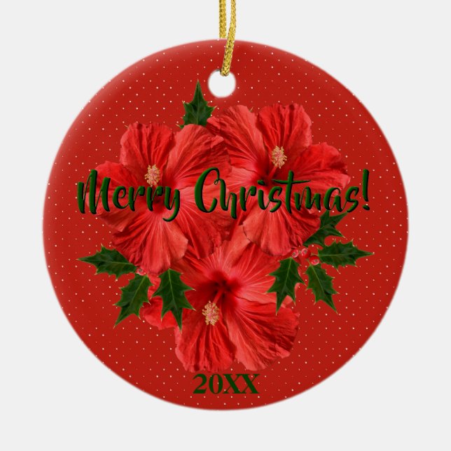 Merry Christmas Hibiscus Holly Holiday Round Ceramic Tree Decoration (Front)