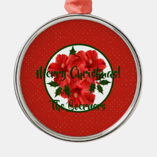 Merry Christmas Hibiscus Holly Holiday Round Metal Tree Decoration