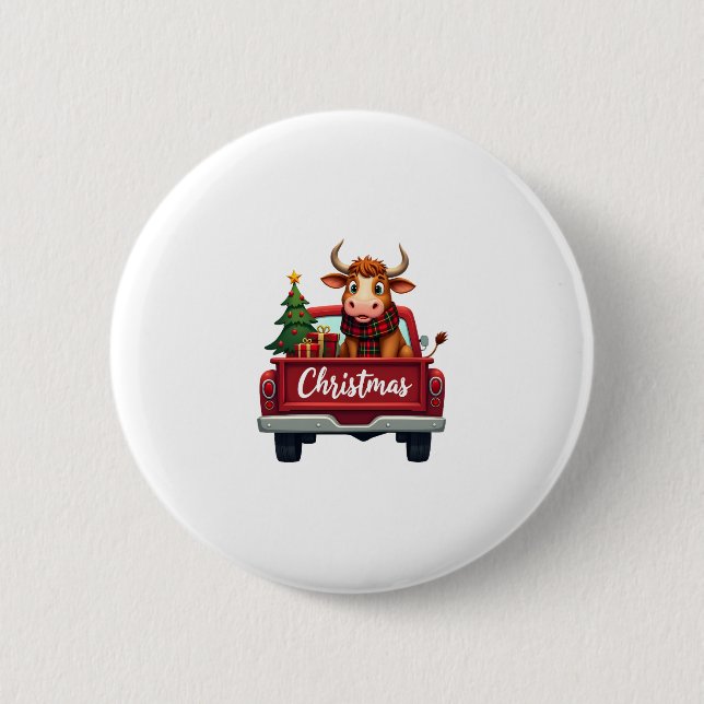 Merry Christmas Highland Cow Christmas Tree Red Tr 6 Cm Round Badge (Front)