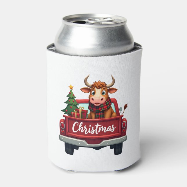 Merry Christmas Highland Cow Christmas Tree Red Tr Can Cooler (Can Front)