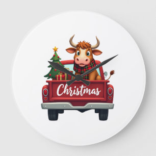 Merry Christmas Highland Cow Christmas Tree Red Tr Large Clock