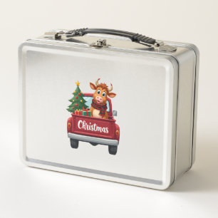 Merry Christmas Highland Cow Christmas Tree Red Tr Metal Lunch Box
