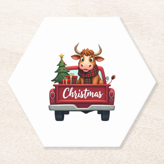 Merry Christmas Highland Cow Christmas Tree Red Tr Paper Coaster (Front)