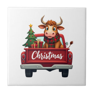 Merry Christmas Highland Cow Christmas Tree Red Tr Tile