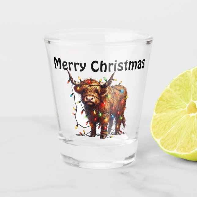 Merry Christmas Highland Cow  Shot Glass (Front)