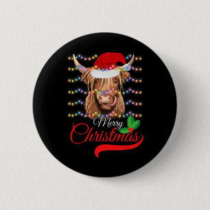 Merry Christmas Highland Cow Western Santa Hat Xma 6 Cm Round Badge