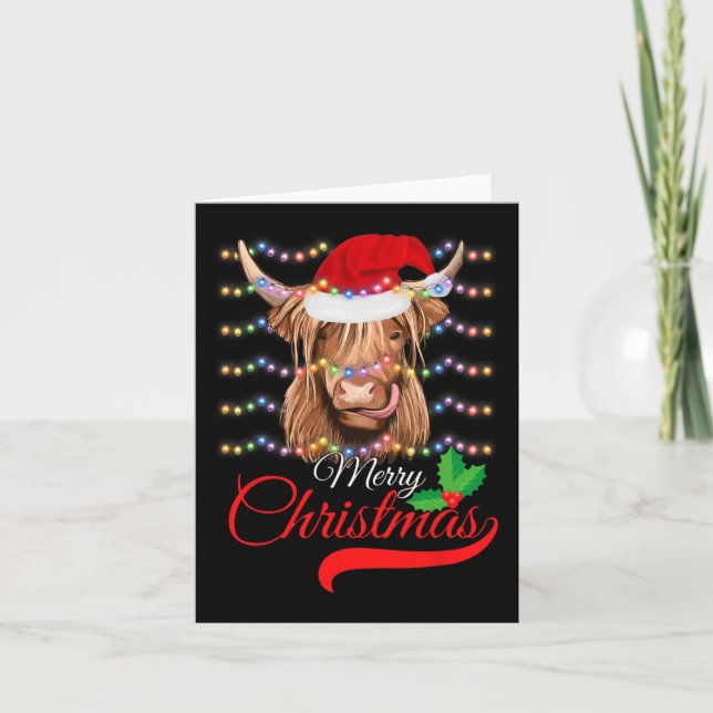Merry Christmas Highland Cow Western Santa Hat Xma Card (Front)