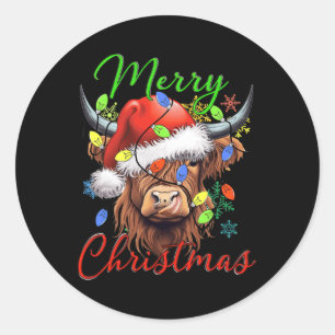 Merry Christmas Highland Cow Western Santa Hat Xma Classic Round Sticker