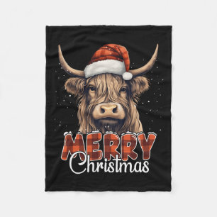 Merry Christmas Highland Cow Western Santa Hat Xma Fleece Blanket
