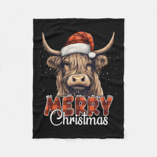 Merry Christmas Highland Cow Western Santa Hat Xma Fleece Blanket
