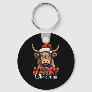 Merry Christmas Highland Cow Western Santa Hat Xma Key Ring