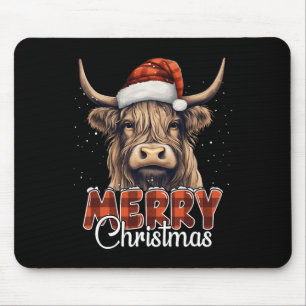 Merry Christmas Highland Cow Western Santa Hat Xma Mouse Mat
