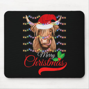 Merry Christmas Highland Cow Western Santa Hat Xma Mouse Mat