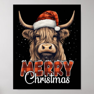 Merry Christmas Highland Cow Western Santa Hat Xma Poster