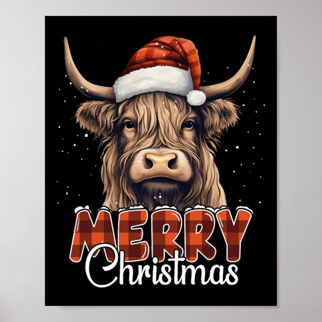 Merry Christmas Highland Cow Western Santa Hat Xma Poster (Front)