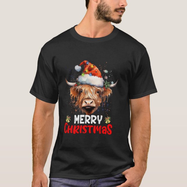 Merry Christmas Highland Cow Western Santa Hat Xma T-Shirt (Front)