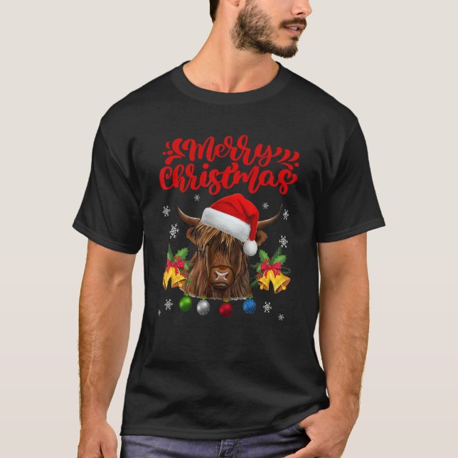Merry Christmas Highland Cow Western Santa Hat Xma T-Shirt (Front)