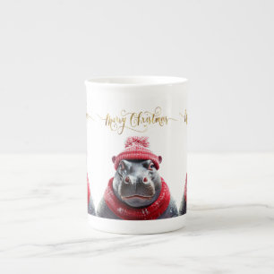 Merry Christmas Hippo Santa hat and scarf Bone China Mug