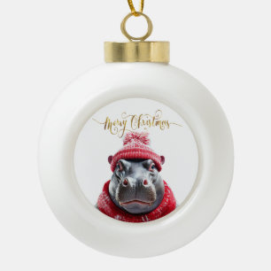 Merry Christmas Hippo Santa hat and scarf Ceramic Ball Christmas Ornament